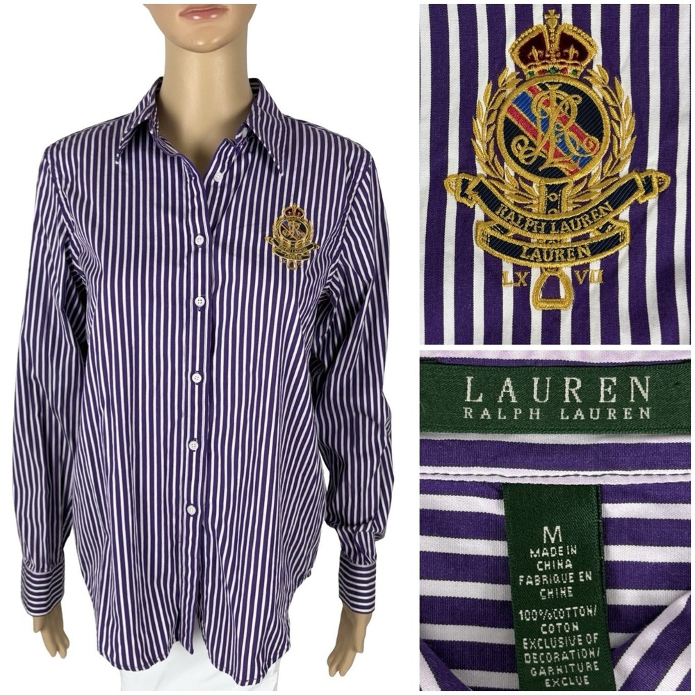 Lauren Ralph Lauren Top Womens Medium Blue Striped Button Up Casual Preppy